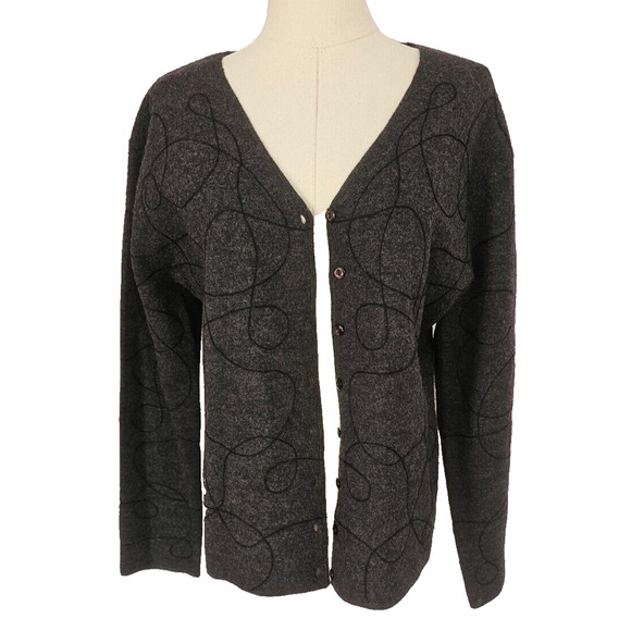 Sarah Spencer Cardigan Sweater 100% Wool Embroidered Design Dark Gray Medium - Picture 1 of 4